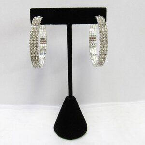 Silver Plated Clear 3 Row Rhinestone Crystal Hoop Pierced Earrings Sparkle Bling